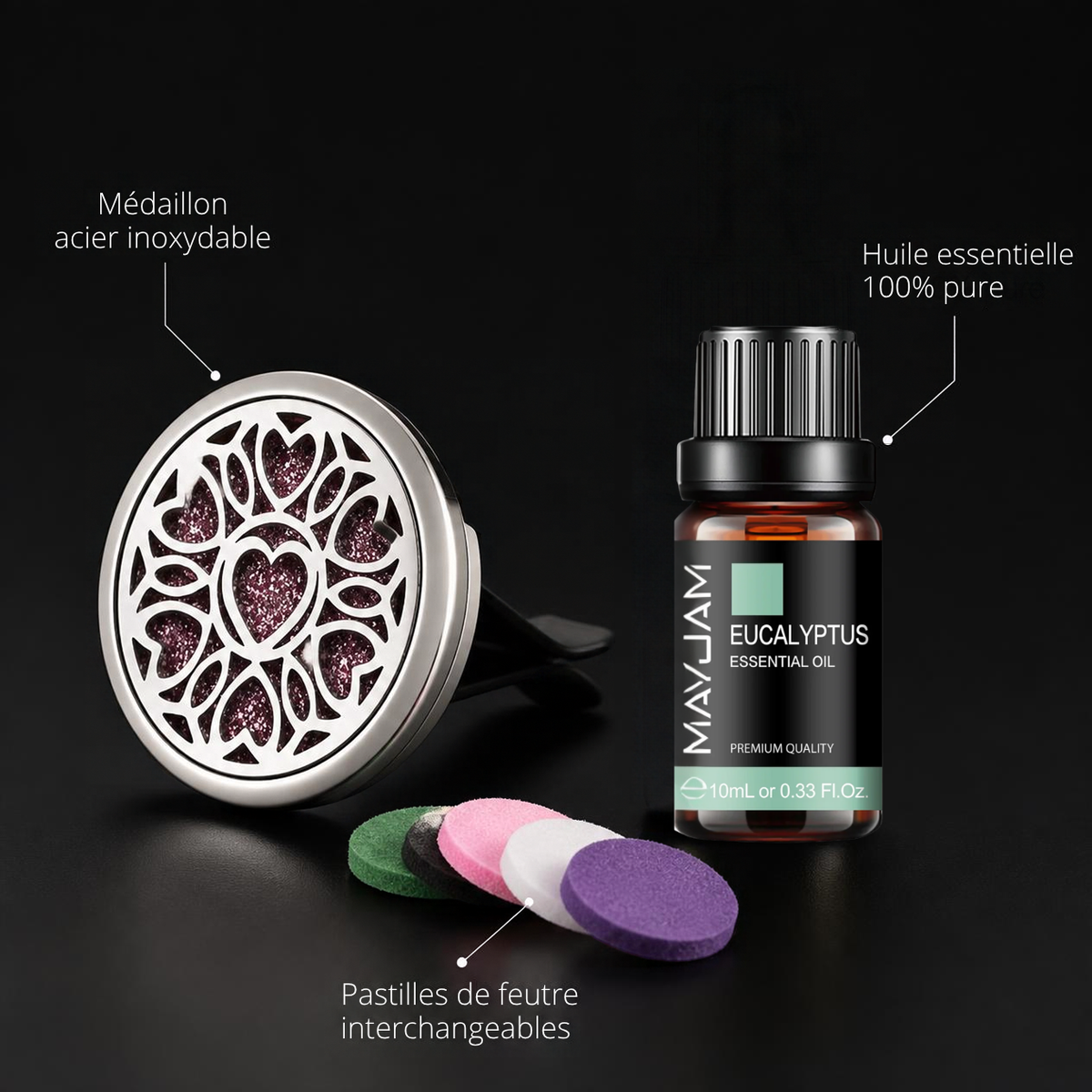 Diffuseur de Parfum Voiture Médaillon – Clip Grille d'Aération, Acier Inoxydable